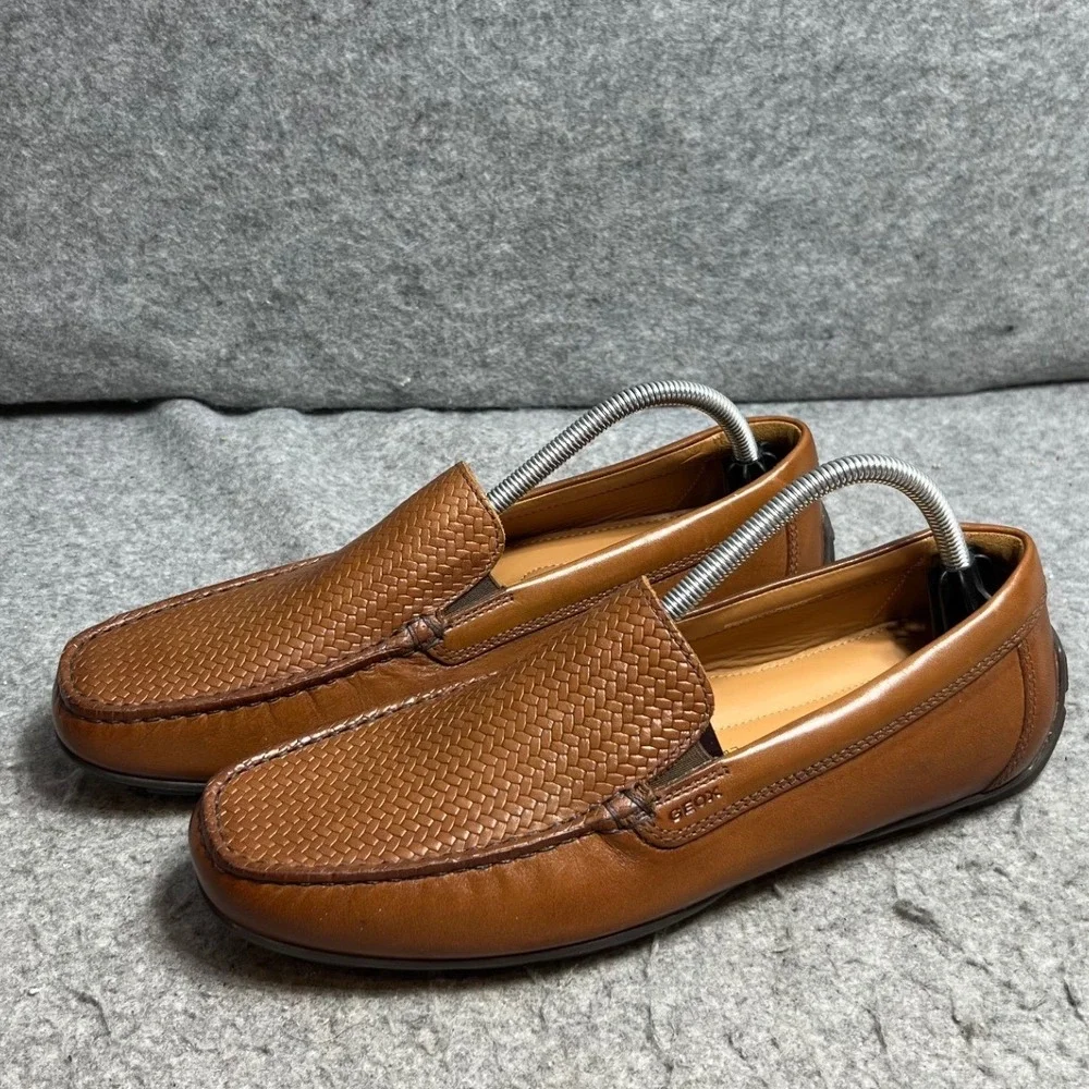Geox Respira Mens Brown Leather Woven Vamp Driving Loafers Shoes Size 43